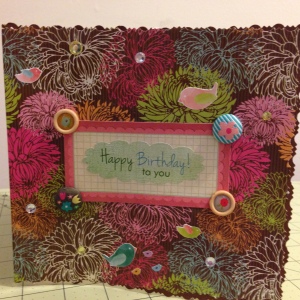 This was cut from a file folder, that caught my eye in the store, which is how I choose my materials -- instant inspiration. This is the front of the birthday card that I made for my friend, Kathleen. -- October 2013. 